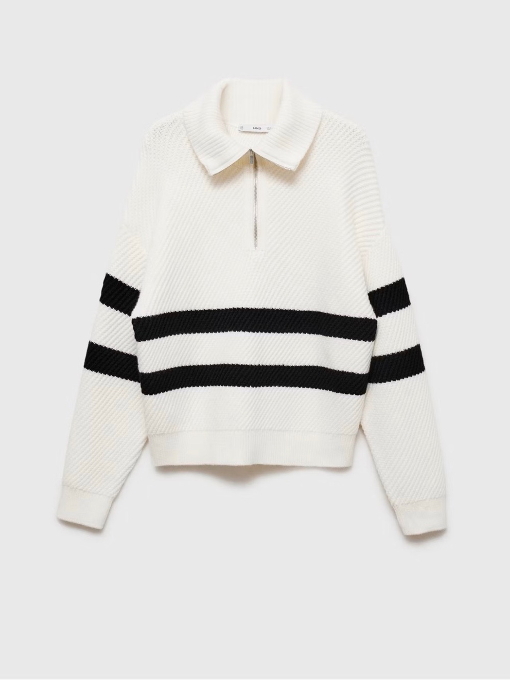Mango White Quarter Zip Crewneck Sweater with Black Stripes - Picture 6 of 16
